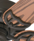 Close-up of oak blades on Bridgeport 52 Inch New Bronze Indoor Outdoor Ceiling Fan With Pull Chain Oak Blades Whisper Wind Motor And Multi Speed Reversible For Quiet Easy Breezy Indoor Outdoor Comfort.