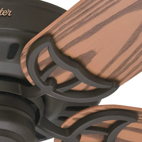 Close-up of oak blades on Bridgeport 52 Inch New Bronze Indoor Outdoor Ceiling Fan With Pull Chain Oak Blades Whisper Wind Motor And Multi Speed Reversible For Quiet Easy Breezy Indoor Outdoor Comfort.