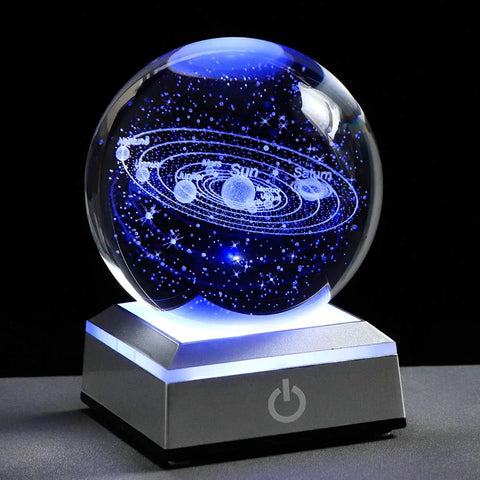 Stellar 80mm Solar System Crystal Ball Glass Sphere with 3D Laser Engraved Planets, K9 Crystal, Dope Space Desk Light on LED base