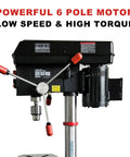12 Inch Benchtop Drill Press With Six Pole Variable Speed 360 To 2000 RPM Three Quarter HP Power Bench Drill featuring motor detail