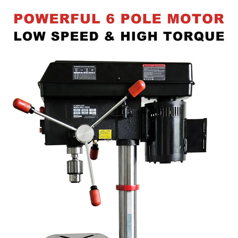 12 Inch Benchtop Drill Press With Six Pole Variable Speed 360 To 2000 RPM Three Quarter HP Power Bench Drill featuring motor detail