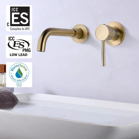 Wall Mount Bathroom Faucet In Brushed Gold With Single Handle And Brass Rough In Valve Solid Brass Construction CUPC Certified