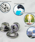 Premium 1/4-20 Lock Nuts And Flat Washers Set With 100 Pack Featuring Rugged 18-8 304 Stainless Steel close-up of nuts and washers showing rust resistance.