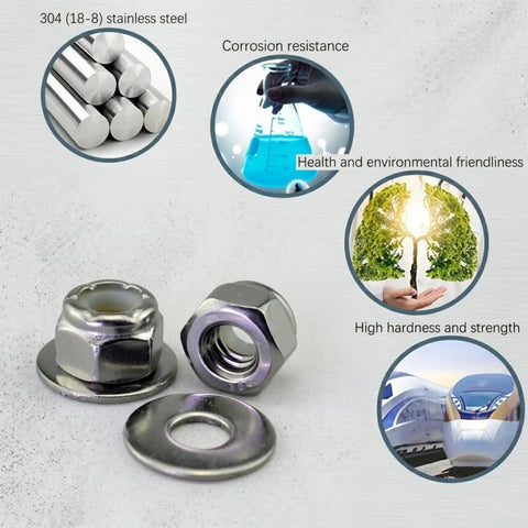 Premium 1/4-20 Lock Nuts And Flat Washers Set With 100 Pack Featuring Rugged 18-8 304 Stainless Steel close-up of nuts and washers showing rust resistance.