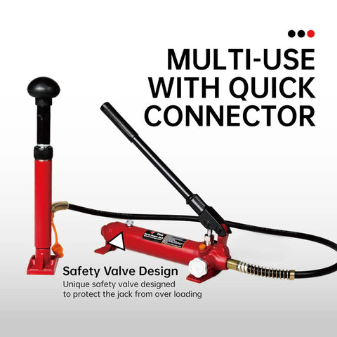 4 Ton Porta Power Hydraulic Ram Jack Kit 8800 Lbs Capacity Auto Body Frame Puller Tool Set With Blow Mold Case showing quick connector and safety valve.