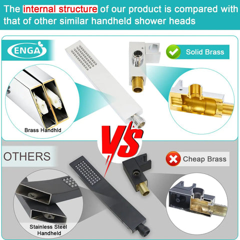 Square Solid Brass Handheld Shower Head With Wall Connector And 1.5M Stainless Steel Hose Chrome Finish 44 Jet Anti Clogging Jets