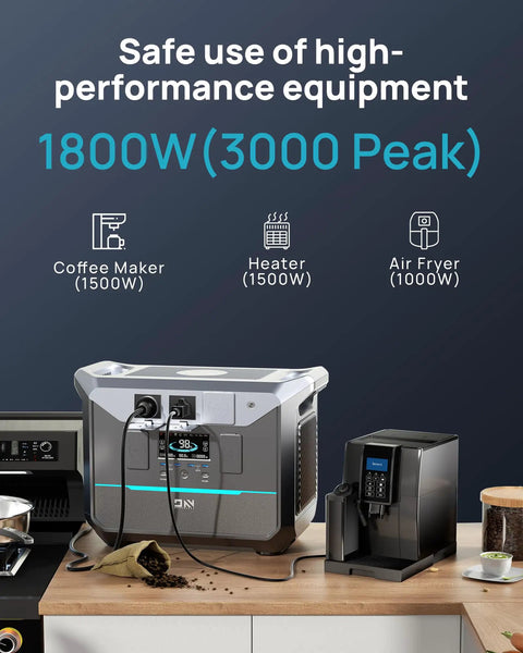 Go To 1800W Portable Solar Generator With 1382Wh LiFePO4 Battery powering kitchen appliances on countertop