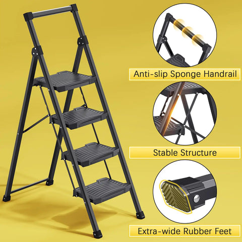 4 Step Folding Ladder With 900 Lbs Capacity, Anti Slip Wide Pedals And Handrails, lightweight sturdy design with features