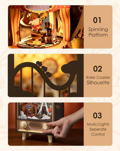 DIY Book Nook Puzzle Kit With 16 Inch Ferris Wheel Music Box, LED Lights, Sunset Carnival Scene, 3D Wooden Puzzle For Adults, Totally Artsy Craft Gift Set For Girls And Boys, Detailed Nighttime Display with spinning platform