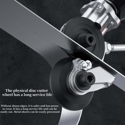 Sheet Metal Nibbler Drill Attachment For Electric Drills showing titanium gears cutting steel with spark free burr free technology