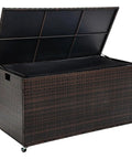 Boss Grade 170 Gallon Outdoor Deck Box Crafted From Durable Wicker Rattan With Smooth Roll Wheels, open lid view for easy access.