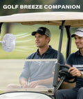 Rechargeable Magnetic Golf Cart Fan With 3 Speeds attached in a golf cart, providing airflow for comfort, visible tilt adjustment.