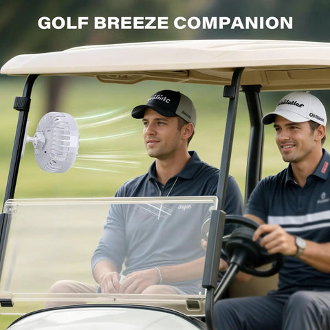 Rechargeable Magnetic Golf Cart Fan With 3 Speeds attached in a golf cart, providing airflow for comfort, visible tilt adjustment.
