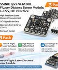 Three VL6180X ToF Laser Distance Sensor Modules With I2C Interface 2.6 to 3.5 V Power Short Range Proximity And Absolute Distance Up To 200 Mm Great For Robotics Makers And Hobby Electronics Nerds, 3-pack