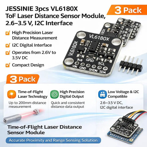 Three VL6180X ToF Laser Distance Sensor Modules With I2C Interface 2.6 to 3.5 V Power Short Range Proximity And Absolute Distance Up To 200 Mm Great For Robotics Makers And Hobby Electronics Nerds, 3-pack