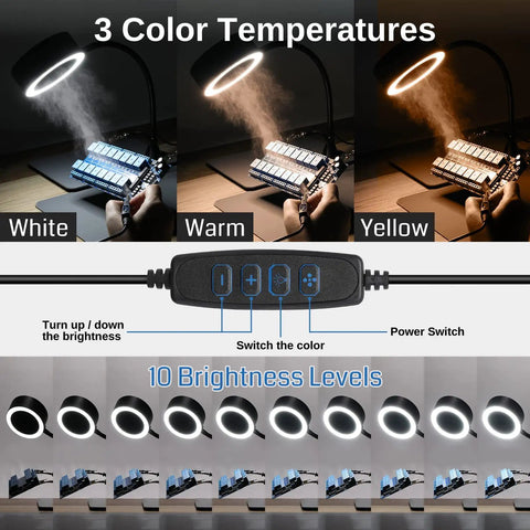 Portable Soldering Fume Extractor with LED Lights showing 3 color temperatures and 10 brightness levels, soldering setup.