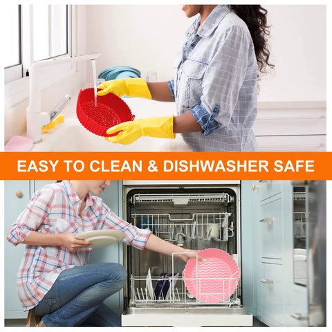Person washing and placing Reusable Silicone Air Fryer Liners Set Of 3, 8.5 Inch Round Basket Liners in dishwasher