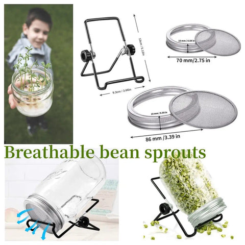 No Fuss All In One Sprouting Jar Kit With Wide Mouth Quart Mason Jars, Stainless Steel Sprout Lids, 86mm 1000ml Stand, Tray And Canning Brush, Seed Sprouter Set For Growing Broccoli, Alfalfa, Mung Bean in use and displayed with sprouts.