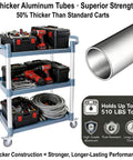Three Tier Rolling Utility Cart On Wheels With 510 Lbs Capacity And Four Lockable Swivel Casters loaded with tools and equipment