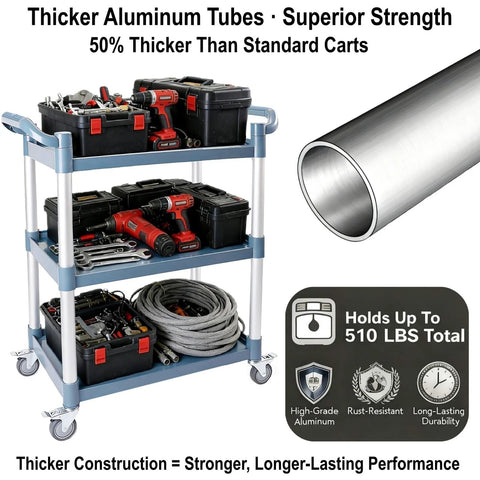 Three Tier Rolling Utility Cart On Wheels With 510 Lbs Capacity And Four Lockable Swivel Casters loaded with tools and equipment