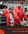 Mechanics in red uniforms performing vacuum tightness test on car in workshop