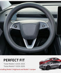 Premium Nappa Leather Steering Wheel Cover For Tesla Model 3 And Y 2016 Through 2026, snug fit, sleek design, modern interior