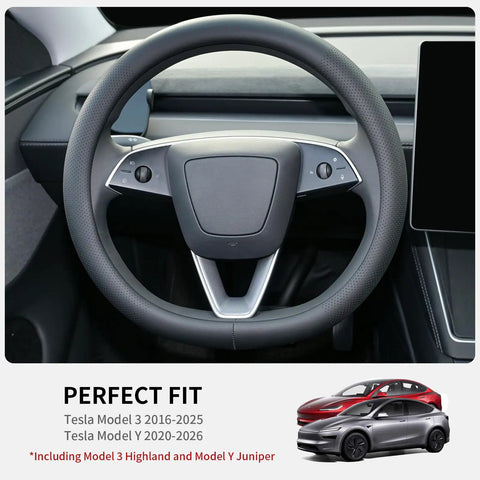 Premium Nappa Leather Steering Wheel Cover For Tesla Model 3 And Y 2016 Through 2026, snug fit, sleek design, modern interior
