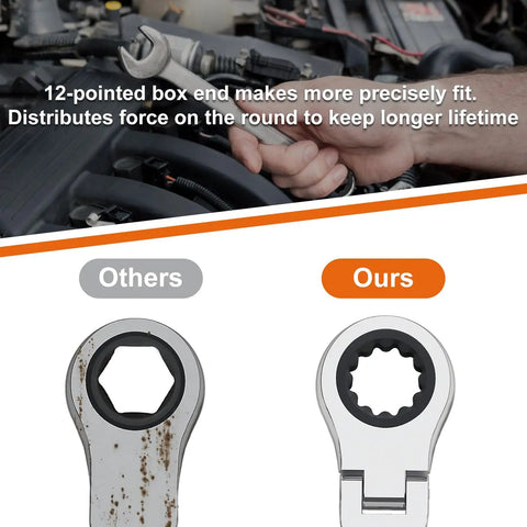 Heavy Duty Flex Head Ratchet Wrench 7MM Metric Spanner, smooth 12-point box end for precise fit, chrome vanadium steel construction.