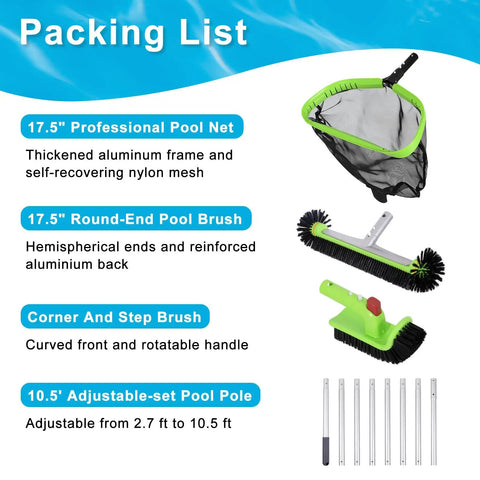 Ultimate Pool Cleaning Kit With 10.5 Foot Pole For Easy Debris Removal Includes Heavy Duty 17.5 Inch Round Net Brush Rotatable Scrub Brush And Corner Cleaning Accessory For Quick Pool Maintenance. Packing list with 17.5-inch pool net, round brush, corner brush, and 10.5 ft adjustable pole