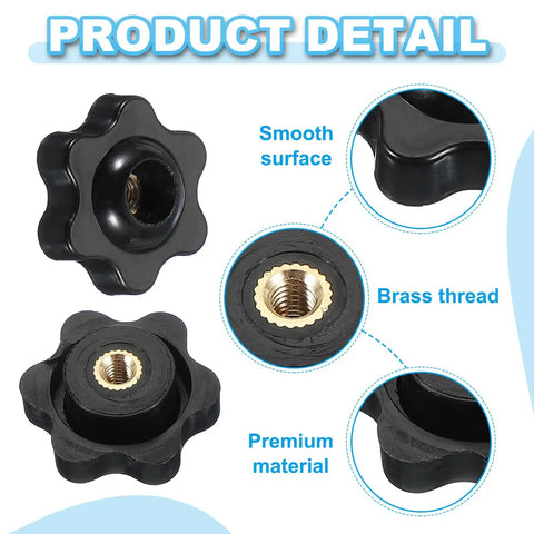 M8 Black Star Hand Knobs 32Mm Through Hole Brass Insert Screw On Clamping Handles 4 Pack showing smooth surface and brass thread.