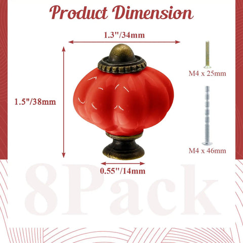 Red ceramic pumpkin knob dimensions showing height 1.5", width 1.3", base 0.55" for vintage cabinets and kitchen drawers. Set Of Eight Red Ceramic Pumpkin Knobs With Heavy Duty Zinc Base And Shiny Embossed Glaze For Vintage Cabinets And Kitchen Drawers That Deliver Knockout Farmhouse Style And Straight Up Reliable Performance.
