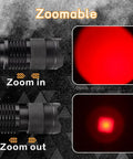 Zoomable One Mode Red LED Flashlight High Power Red Light Torch For Night Astronomy and Wildlife Watching shown zoom effects