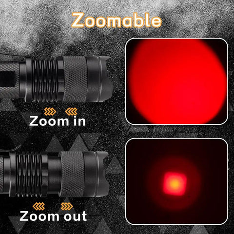Zoomable One Mode Red LED Flashlight High Power Red Light Torch For Night Astronomy and Wildlife Watching shown zoom effects