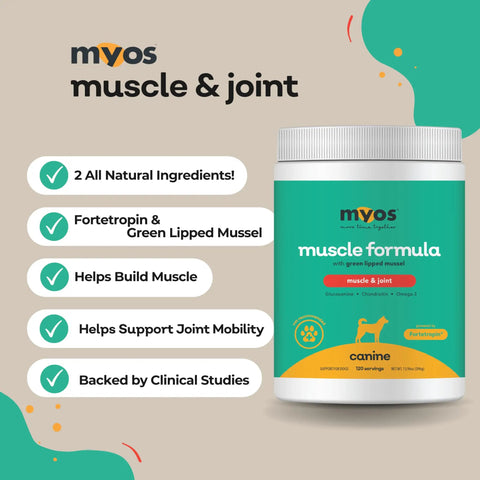 Label of Dog Muscle And Joint Recovery Supplement With Fortetropin And Green Lipped Mussel, 396 Gr, showing key benefits.