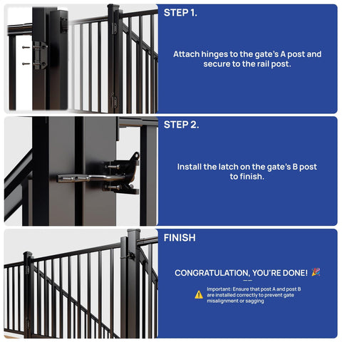 Installation steps for Self-Closing Gate Hinges With Latch, Durable Galvanized Steel Outdoor Hardware Kit for Deck, Patio, Porch Gates.