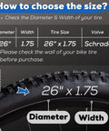 Bike tire size chart 26x1.75 with Schrader valve guidance, showing 26 inch diameter and 1.75 width