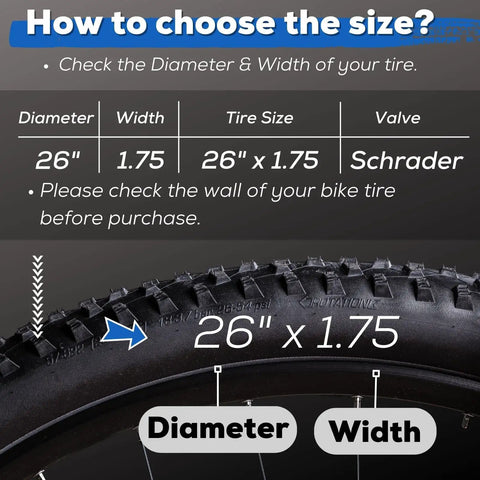 Bike tire size chart 26x1.75 with Schrader valve guidance, showing 26 inch diameter and 1.75 width