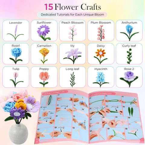 Massive 540 Piece Pipe Cleaners Craft Kit With 15 Designs Guiding Book for DIY flower bouquets and party decor, tutorials displayed.