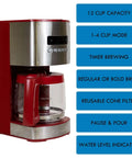 Red 12 Cup Programmable Drip Coffee Maker With Auto Shut Off And Glass Carafe, Regular Or Bold Brews, Large Water Reservoir, Reusable Filter