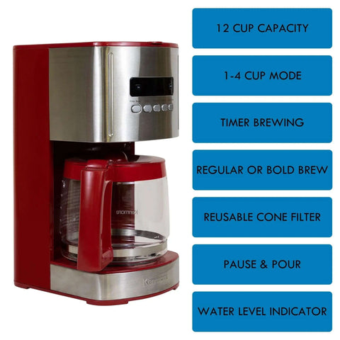 Red 12 Cup Programmable Drip Coffee Maker With Auto Shut Off And Glass Carafe, Regular Or Bold Brews, Large Water Reservoir, Reusable Filter