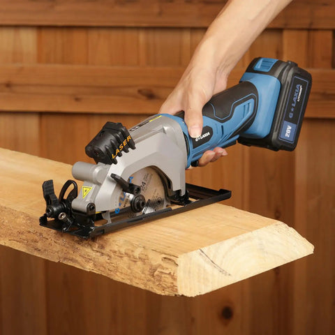 Badass Cordless Mini Circular Saw Featuring 4-1/2-Inch Pure Copper Motor And Integrated Laser Guide For Clean Cuts Rapid Setup Lightweight Build handles wood cutting.