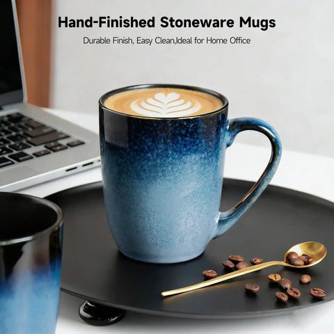 14oz Ceramic Coffee Mugs Set Of 6 With Easy Grip Handle In Ice Snow Blue Glaze With Star Blue Accents And Gold Rim on black tray