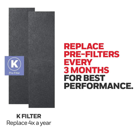 Odor And Gas Reducing Pre Filter 2 Pack For QuietClean And AirGenius Purifiers with usage instructions and K filter label.