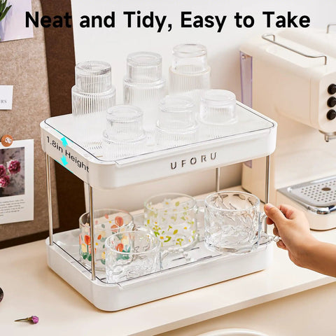 Coffee Bar Organizer Station With 2 Tier Mug Rack And Removable Drain Tray on kitchen counter with assorted glasses