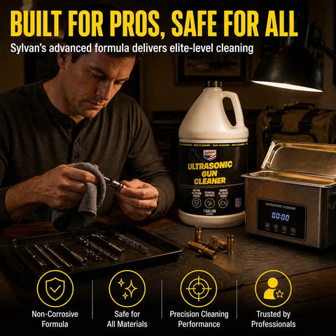Ultrasonic Gun Cleaner Concentrate 128 Oz Makes Up To 200 Gallons No Nonsense Deep Clean For Pistols Rifles Brass And All Firearm Components With Easy Mixing And Boss Level Ultrasonic Action, 1-gallon bottle beside ultrasonic cleaner