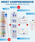 Image displaying No Sweat 21-In-1 Home Water Test Kit With 145 Strips And Four Bacteria Checks including test tube, strips, and color chart.