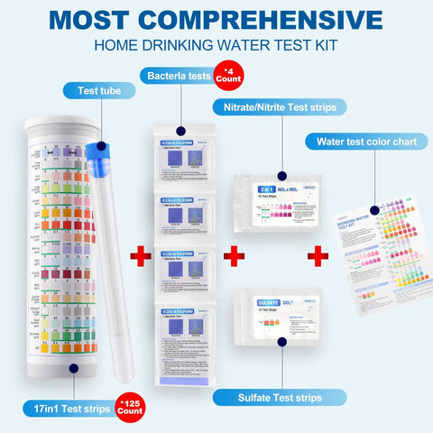 Image displaying No Sweat 21-In-1 Home Water Test Kit With 145 Strips And Four Bacteria Checks including test tube, strips, and color chart.
