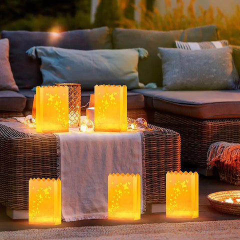 Lit Butterfly Luminary Bags And Flameless LED Tealights Set Of 50 Each White Outdoor Lanterns For Christmas Thanksgiving Decorations Garden Pathway Lighting on patio table