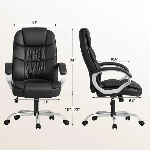 High Back PU Leather Desk Chair With Adjustable Height, Boss Level Modern Executive Swivel Task Chair dimensions shown