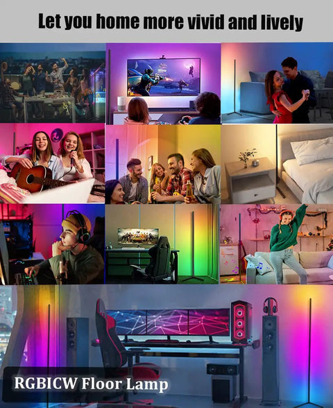 Collage showcasing Dope RGB Corner Floor Lamp with Music Sync and Dimmable Color Changing LED Light in various room settings.